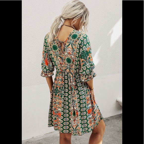 Boho V Neck Summer Dress SZ MED - Picture 3 of 4